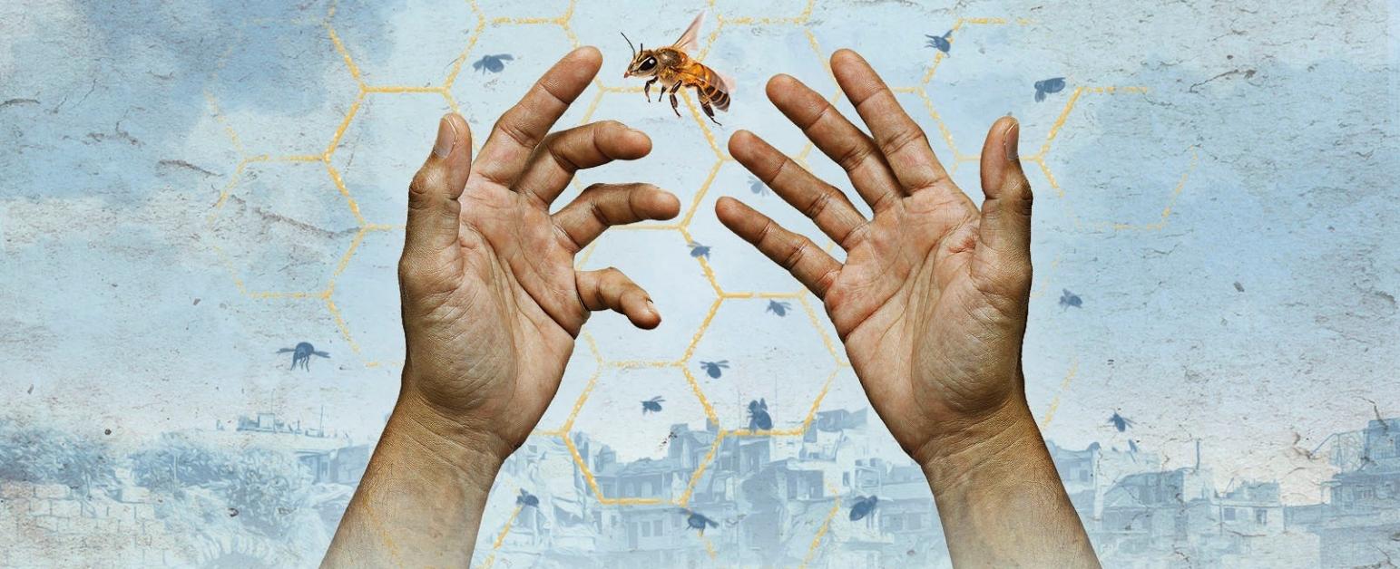 A pair of hands raised up with a bee flying in the background