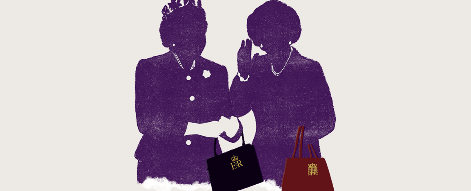 A silhouette of Queen Elizabeth the second next to a silhouette of Margaret Thatcher. The Queen is holding a purple handbag and Margaret Thatcher a red one. A tag above them reads 'HANDBAGGED by Moira Buffini'. 