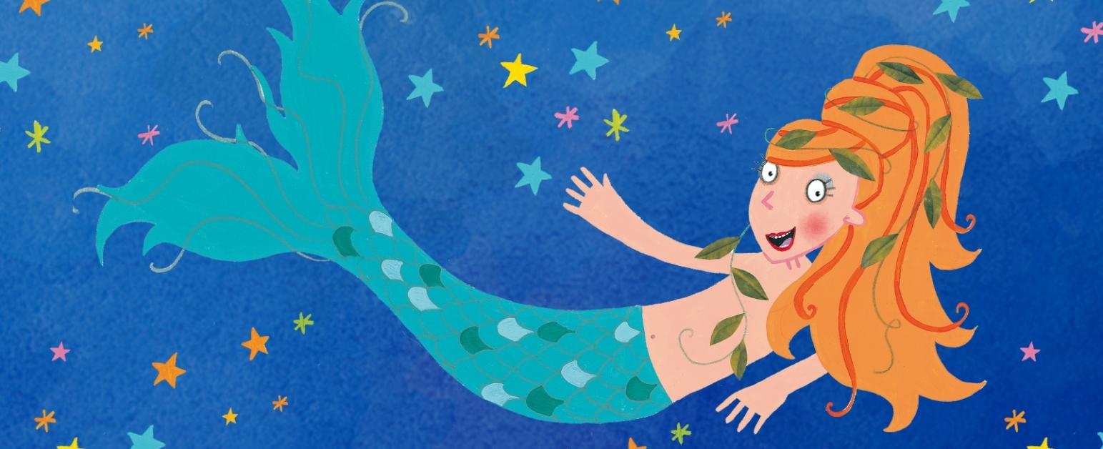 A drawing of a mermaid with orange hair and a blue tail underwater surrounded by sparkles and with green leaves tangled in their hair