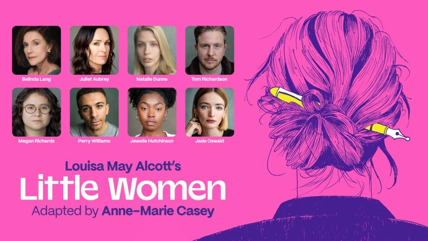 Cast of little women against a pink background