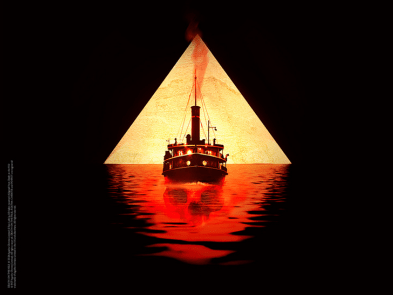 Artwork of a ship on a red sea with a giant skull beneath the water.