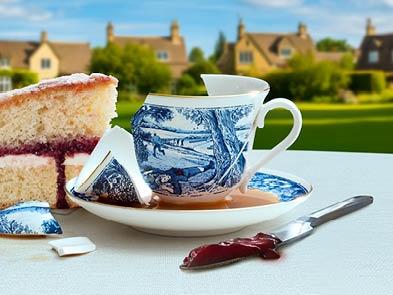 A slice of victorian sponge cake next to a teacup with blue decorative features on white china, next to a knife covered in jam in front of a row of houses and a green