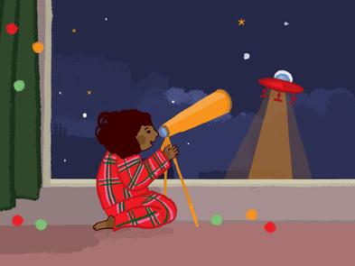 A cartoon child looking through a telescope at a spaceship in the sky