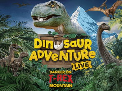 Dinosaurs in a jungle with a sign that says Dinosaur Adventure Live in big yellow text