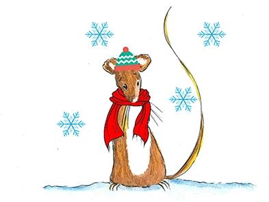 A drawing of a mouse with a red scarf and blue wooly hat in the white snow