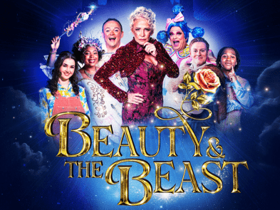 Beauty and the Beast in gold lettering in front of an image of a gothic cast and a golden rose with a blue background