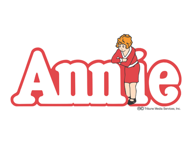 Annie in white writing with a red border and a cartoon girl with ginger hair wearing a red dress standing by the i