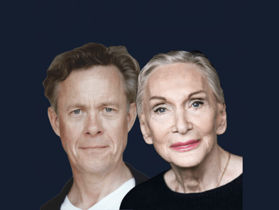 A headshot of a man and a woman against a blue background