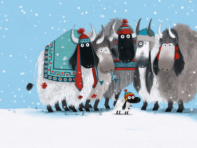 5 big Yaks encircling one little baby yak. Blue skies and snow on floor.