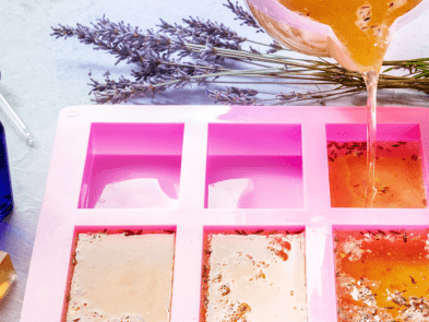 pink soap tray, lavender behind