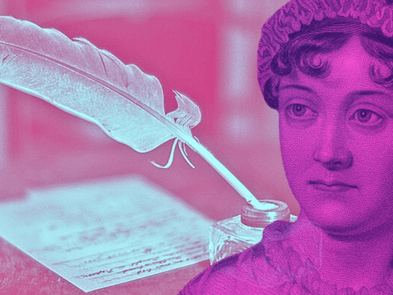 A pink image of a bust of Jane Austen and a white feather quill and some paper