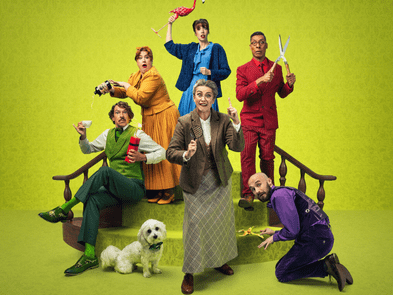 A group of performers all holding murder and detective props stand together in colourful outfits against a yellow background