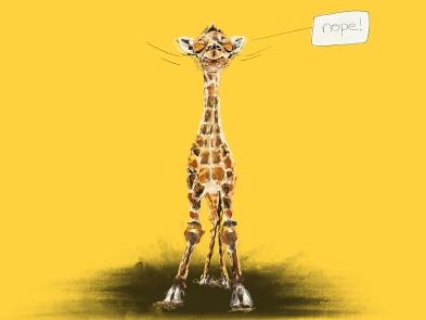A drawing of a giraffe against a yellow background