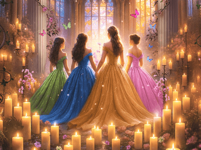 4 princesses in princess dresses stood with back to image, surrounded by candles