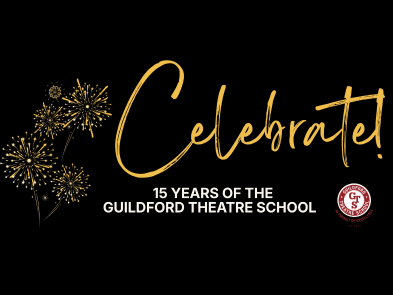 Celebrate in gold writing on a black background with some firework images