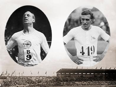 Two white men in white t-shirts (Eric Liddell and Harold Abrahams) with their hands on their hips after running. These are black and white photos in roundels against a backdrop of a photo of the Paris 1924 Olympics running track 