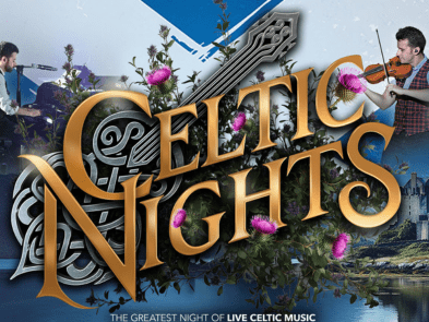 The text 'Celtic nights' in front of musicians in front of the Scottish flag