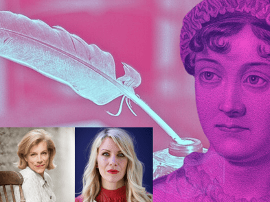 A pink image of a bust of Jane Austen and a white feather quill and some paper