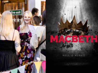 Showgoers group of people, with Macbeth poster next to it