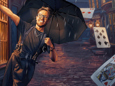 A drawing of a man holding an umbrella with playing cards floating around him