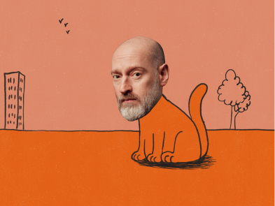 A mans head on a drawing of an animal on an orange background