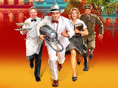 a man holding a hoover is running with a man in a bowtie holding a tray of cocktails, a woman in a suit holding a book and a man in army uniform is running behind with a whistle