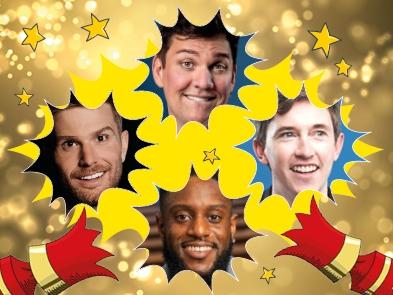 Comedian headshots against a yellow background